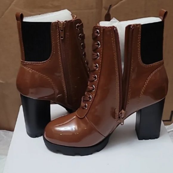 Cognac Patent Leather Zip Lace Up Platform Booties High chunky heel Size 6.5 New - Picture 6 of 7